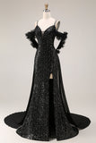 Sparkly Sequins Black Cold Shoulder Mermadid Long Prom Dress with Slit