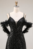 Sparkly Sequins Black Cold Shoulder Mermadid Long Prom Dress with Slit