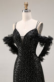 Sparkly Sequins Black Cold Shoulder Mermadid Long Prom Dress with Slit