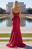 Burgundy Strapless Beading Mermaid Corset Satin Prom Dress with Slit