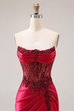 Burgundy Strapless Beading Mermaid Corset Satin Prom Dress with Slit