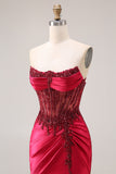 Burgundy Strapless Beading Mermaid Corset Satin Prom Dress with Slit