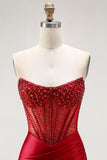 Red Strapless Mermaid Corset Beaded Ruched Satin Long Prom Dress with Slit