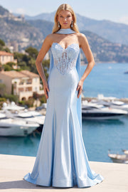 Blue Mermaid Corset Sweetheart Convertible Long Satin Prom Dress with Streamer