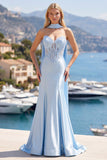 Blue Mermaid Corset Sweetheart Convertible Long Satin Prom Dress with Streamer