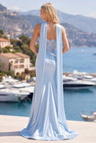 Blue Mermaid Corset Sweetheart Convertible Long Satin Prom Dress with Streamer