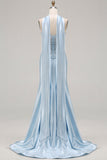 Blue Mermaid Corset Sweetheart Convertible Long Satin Prom Dress with Streamer