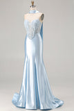Blue Mermaid Corset Sweetheart Convertible Long Satin Prom Dress with Streamer