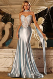 Blue Mermaid Corset Sweetheart Two Piece Long Satin Prom Dress with a Neck Scarf