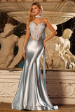 Blue Mermaid Corset Sweetheart Two Piece Long Satin Prom Dress with a Neck Scarf