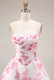 White Fuchsia Flower Strapless Basque Waist A-Line Long Prom Dress