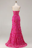 Fuchsia Mermaid Strapless Corset 3D Flowers Sequin Long Prom Dress With Slit