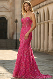 Fuchsia Mermaid Corset Strapless 3D Flowers Sequin Long Prom Dress with Slit