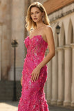 Fuchsia Mermaid Corset Strapless 3D Flowers Sequin Long Prom Dress with Slit