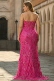 Fuchsia Mermaid Strapless Corset 3D Flowers Sequin Long Plus Size Prom Dress with Slit