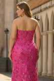 Fuchsia Mermaid Strapless Corset 3D Flowers Sequin Long Plus Size Prom Dress with Slit