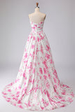 White Fuchsia Flower Printed Strapless Pleated A-Line Prom Dress