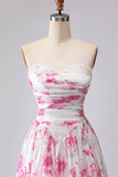 White Fuchsia Flower Printed Strapless Pleated A-Line Prom Dress