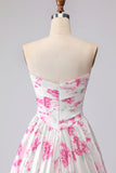 White Fuchsia Flower Printed Strapless Pleated A-Line Prom Dress