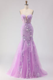 Purple Strapless Mermaid Lace Corset Long Prom Dress with Beading