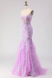 Purple Strapless Mermaid Lace Corset Long Prom Dress with Beading