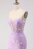 Purple Strapless Mermaid Lace Corset Long Prom Dress with Beading