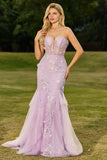 Purple Mermaid Strapless Lace Corset Long Prom Dress with 3D Flowers