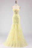 Strapless Yellow Mermaid Lace Corset Long Prom Dress with Beading