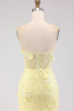 Strapless Yellow Mermaid Lace Corset Long Prom Dress with Beading