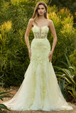 Mermaid Yellow Strapless Corset Lace Long Prom Dress with 3D Flowers