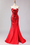 Royal Blue Mermaid Strapless Beaded Side Slit Long Prom Dress with Mirror
