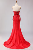 Royal Blue Mermaid Strapless Beaded Side Slit Long Prom Dress with Mirror