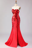 Red Strapless Mermaid Beaded Side Slit Long Prom Dress with Mirror