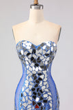 Royal Blue Mermaid Strapless Beaded Side Slit Long Prom Dress with Mirror