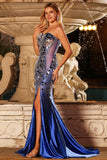 Royal Blue Strapless Beaded Mermaid Side Slit Long Prom Dress with Mirror