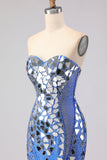 Royal Blue Mermaid Strapless Beaded Side Slit Long Prom Dress with Mirror