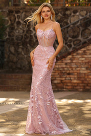 Sparkly Blush Mermaid Sheer Corset Beaded Long Prom Dress with Sequins