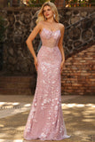 Sparkly Blush Mermaid Sheer Corset Beaded Long Prom Dress with Sequins
