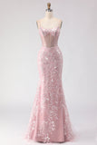Sparkly Blush Mermaid Beaded Corset Long Prom Dress with Sequins