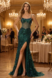 Sparkly Blush Mermaid Beaded Corset Long Prom Dress with Sequins