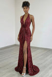 Sparkly Burgundy Halter Mermaid Sequins Long Prom Dress with Slit