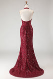 Sparkly Burgundy Mermaid Halter Sequin Long Prom Dress with Slit