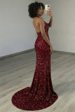 Sparkly Burgundy Halter Mermaid Sequins Long Prom Dress with Slit