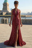 Sparkly Burgundy Halter Mermaid Sequins Long Prom Dress with Slit