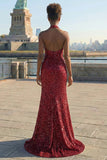 Sparkly Burgundy Halter Mermaid Sequins Long Prom Dress with Slit