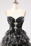 Black Tiered Ruffle A-Line Strapless Cut Out Long Prom Dress with Bows