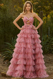 Black Strapless A-Line Tiered Ruffle Cut Out Long Prom Dress with Bows