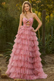 Black Strapless A-Line Tiered Ruffle Cut Out Long Prom Dress with Bows