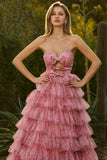 Pink Flower A-Line Cut Out Strapless Tiered Ruffle Long Prom Dress with Bows