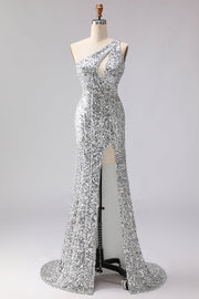 Sparkly Silver One Shoulder Cut Out Mermaid Sequin Long Prom Dress with Slit
